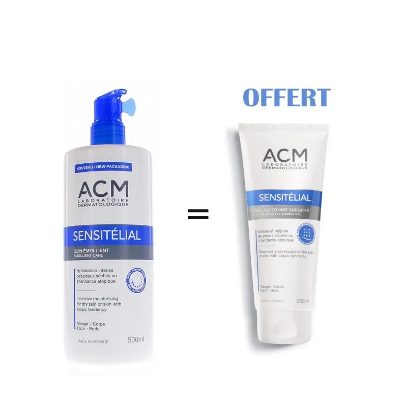ACM SENSITÉLIAL SOIN EMOLLIENT – 500ML Achete + SENSITELIAL GEL NETTOYANT SURGRAS 200ML OFFERT