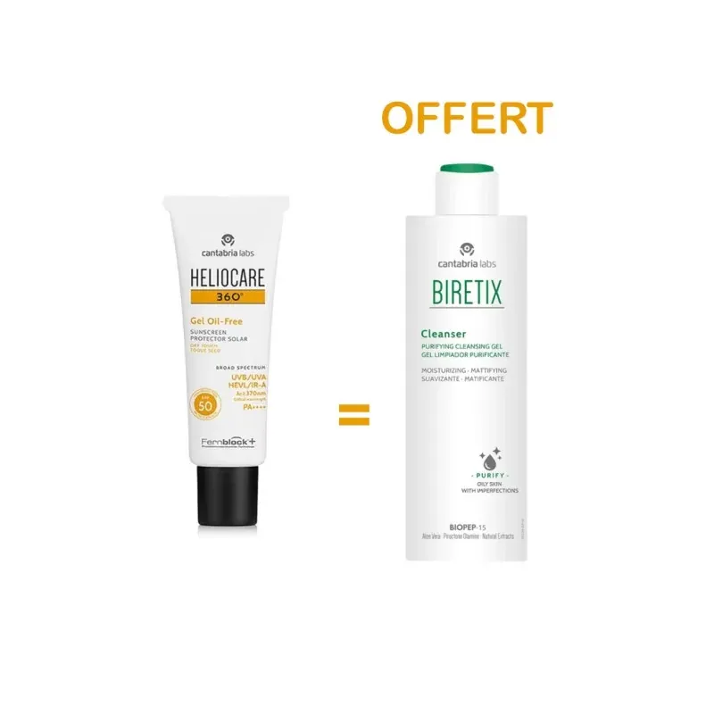 HELIOCARE 360° GEL OIL FREE TOUCHER SEC SPF50 Achete + BIRETIX CLEANSER GEL NETTOYANT PURIFIANT 200ML Offert