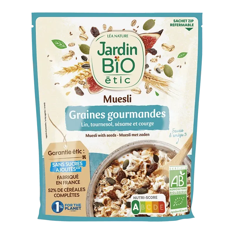 JARDIN BIO "MUESLI AUX GRAINES SANS SUCRE AJOUTE 375G (lin, tournesol, sarrasin, sésame, courge et raisins secs)"